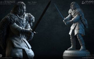 The figurine depicts Jon Snow in the black cape and clothing of a brother of the Night’s Watch, as seen in season 2, episode 10, ‘Valar morghulis’. 